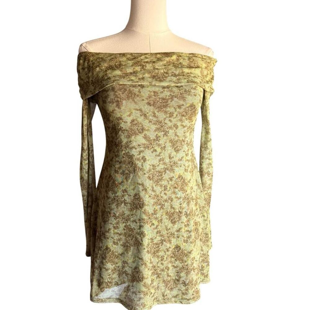 Urban Outfitters Green Floral Mesh Off The Shoulder‎ Long Sleeve Mini Dress S